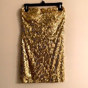 Gold sequin strapless mini dress